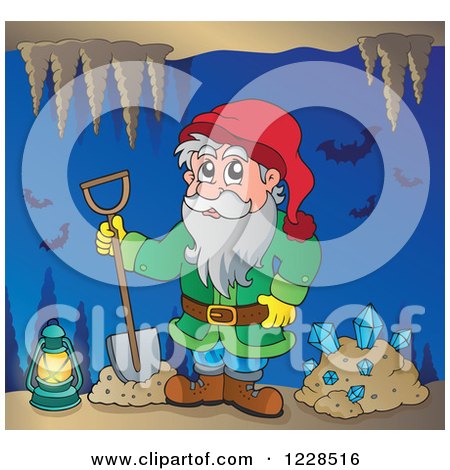 Clipart of a Dwarf with a Shovel and Diamonds and Bats in a Mining Cave - Royalty Free Vector Illustration by visekart