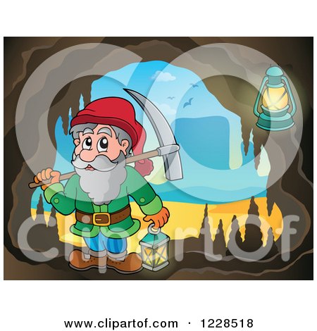 Clipart of a Dwarf with a Pickaxe in a Mining Cave - Royalty Free Vector Illustration by visekart