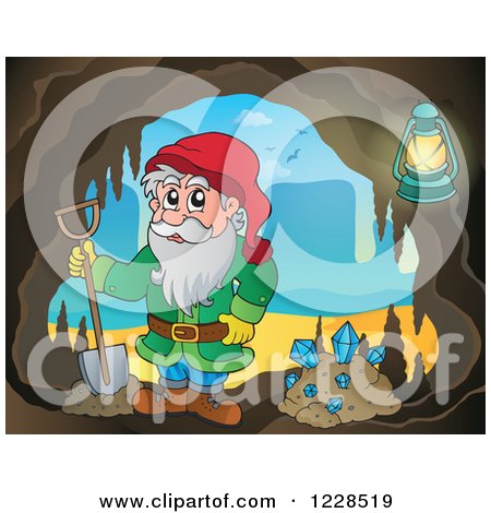 Clipart of a Dwarf with a Shovel and Diamonds in a Mining Cave - Royalty Free Vector Illustration by visekart