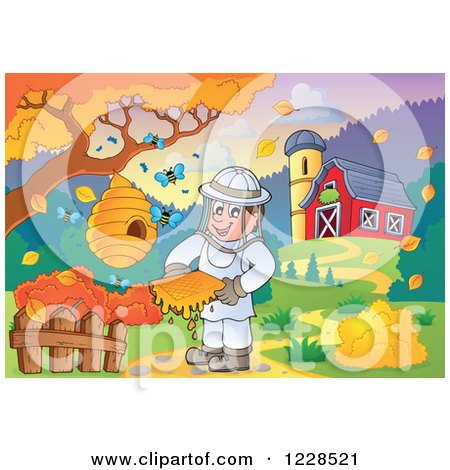 Clipart of a Bee Keeper by a Barn in Autumn - Royalty Free Vector Illustration by visekart