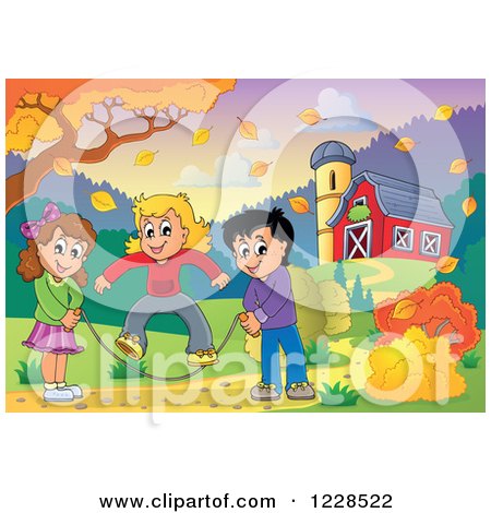 Clipart of Children Playing Jump Rope by a Barn in Autumn - Royalty Free Vector Illustration by visekart