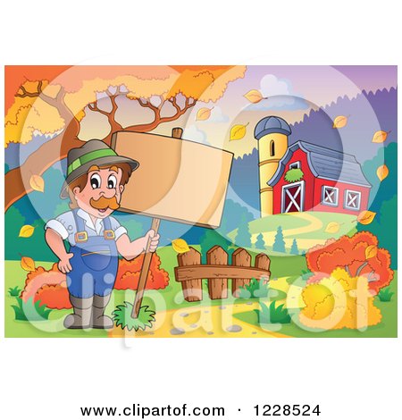 Clipart of a Male Farmer Holding a Sign by a Barn in Autumn - Royalty Free Vector Illustration by visekart