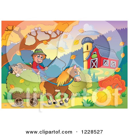 Clipart of a Male Farmer with a Hay Cart by a Barn in Autumn - Royalty Free Vector Illustration by visekart