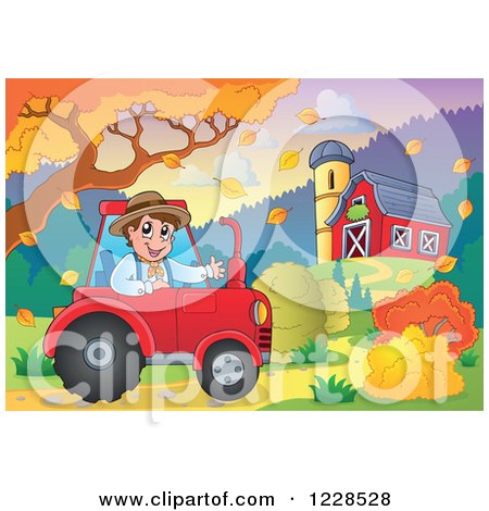 Clipart of a Male Farmer in a Tractor by a Barn in Autumn - Royalty Free Vector Illustration by visekart