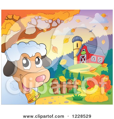 Clipart of a Happy Sheep near a Barn in Autumn - Royalty Free Vector Illustration by visekart