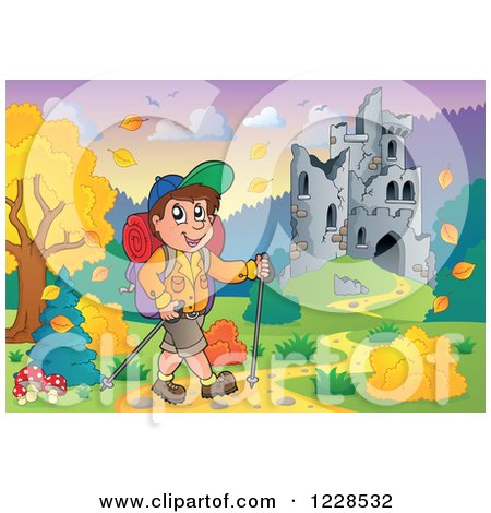 Clipart of a Male Hiker by a Castle in Ruins and Autumn Landscape with a Sign - Royalty Free Vector Illustration by visekart