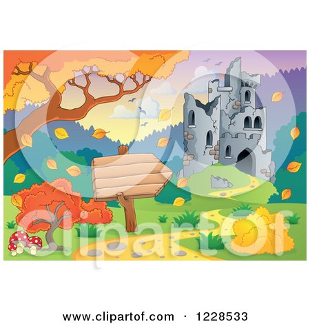 Clipart of a Castle in Ruins and Autumn Landscape with a Sign - Royalty Free Vector Illustration by visekart
