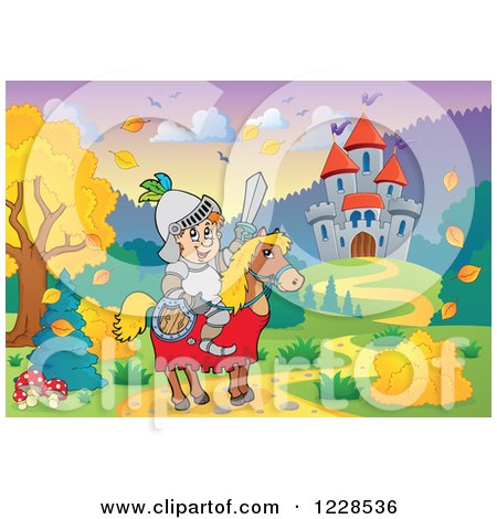 Clipart of a Knight and Steed near a Castle and Autumn Landscape - Royalty Free Vector Illustration by visekart