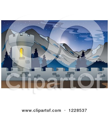 Clipart of a Castle Tower in the Mountains - Royalty Free Vector Illustration by visekart