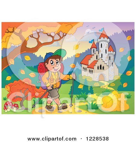 Clipart of a Male Hiker by a Castle and Autumn Landscape with a Sign - Royalty Free Vector Illustration by visekart