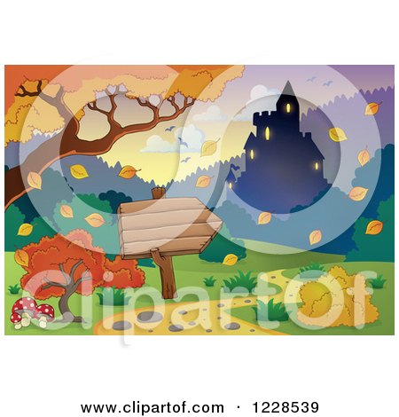 Clipart of a Dark Castle and Autumn Landscape with a Sign - Royalty Free Vector Illustration by visekart