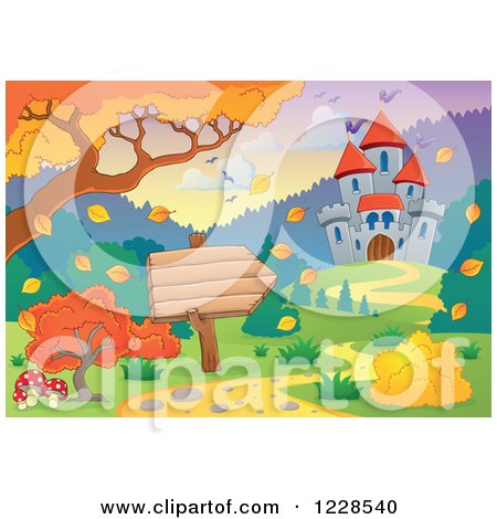 Clipart of a Castle and Autumn Landscape with a Sign - Royalty Free Vector Illustration by visekart