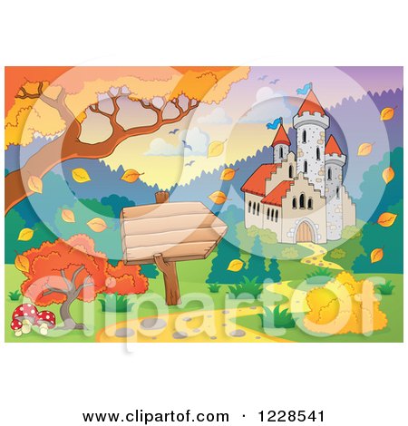 Clipart of a Castle and Autumn Landscape with a Sign 2 - Royalty Free Vector Illustration by visekart