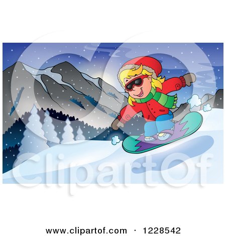Clipart of a Girl Snowboarding on a Mountain - Royalty Free Vector Illustration by visekart