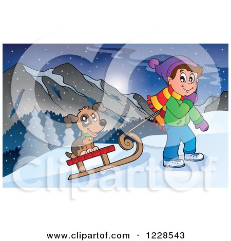Clipart of a Boy Pulling a Dog on a Sled up a Hill - Royalty Free Vector Illustration by visekart