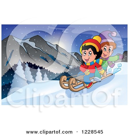 Clipart of a Boy and Girl on a Sled in the Mountains - Royalty Free Vector Illustration by visekart