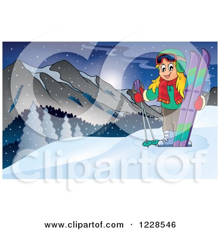 Clipart of a Girl with Skis on a Mountain - Royalty Free Vector Illustration by visekart