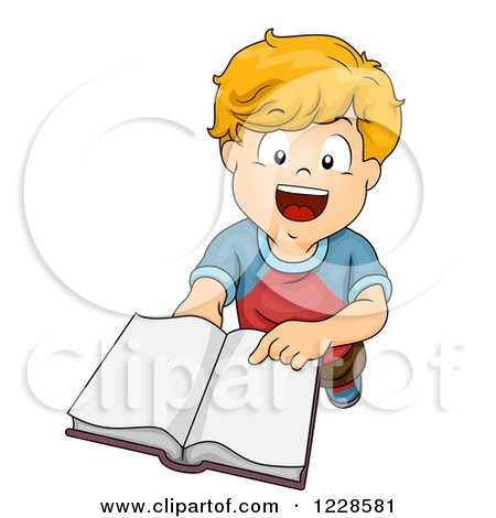 Clipart of a Happy Caucasian Boy Holding an Open Book - Royalty Free Vector Illustration by BNP Design Studio