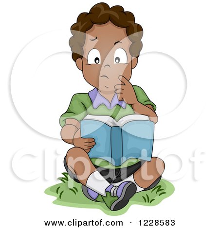Clipart of a Thoughtful African American Boy Reading a Book Outside - Royalty Free Vector Illustration by BNP Design Studio
