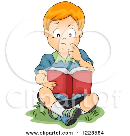 Clipart of a Thoughtful Red Haired Caucasian Boy Reading a Book Outside - Royalty Free Vector Illustration by BNP Design Studio
