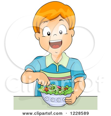 Clipart of a Happy Red Haired Caucasian Boy Ating a Salad - Royalty Free Vector Illustration by BNP Design Studio