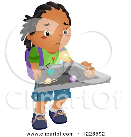 Clipart of a Sad African American Boy Carrying a Ruined Science Solar System Project - Royalty Free Vector Illustration by BNP Design Studio