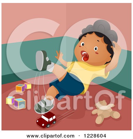 Clipart of a Shouting African American Boy Slipping on Toys - Royalty Free Vector Illustration by BNP Design Studio