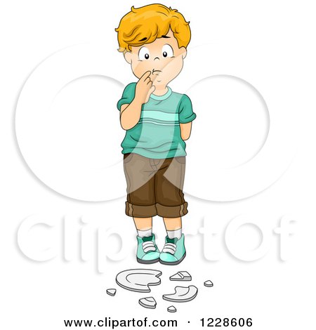 Clipart of a Guilty Boy Standing over a Broken Plate - Royalty Free Vector Illustration by BNP Design Studio