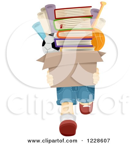 Clipart of a Boy Carrying a Box Full of Books and Toys - Royalty Free Vector Illustration by BNP Design Studio