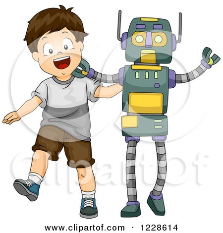 Clipart of a Happy Brunette Caucasian Boy Dancing with a Livesize Robot - Royalty Free Vector Illustration by BNP Design Studio
