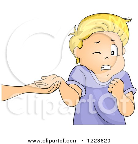 Clipart of a Blond Caucasian Boy Holding out a Hurt Hand - Royalty Free Vector Illustration by BNP Design Studio