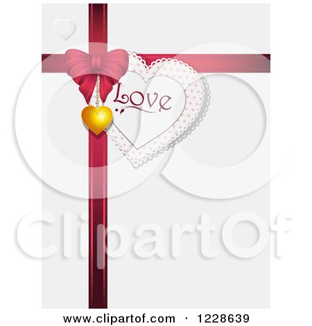 Clipart of a Heart Love Tag with a Red Valentines Day Gift Bow and Pendant on Shaded White - Royalty Free Vector Illustration by elaineitalia