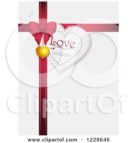 Clipart of a Love Tag with a Red Valentines Day Gift Bow and Pendant on Shaded White - Royalty Free Vector Illustration by elaineitalia