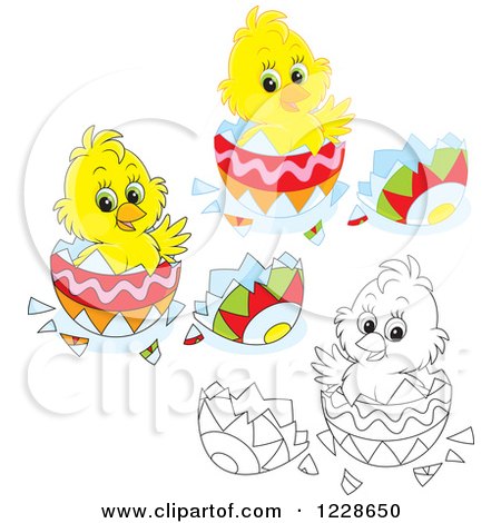 Clipart of Outlined and Colored Chicks Hatching from Easter Eggs - Royalty Free Vector Illustration by Alex Bannykh