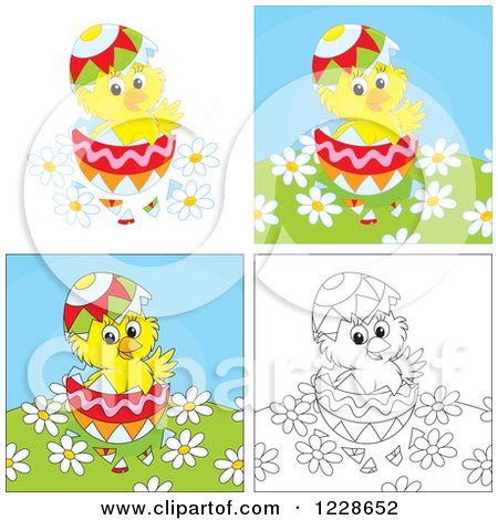 Clipart of Outlined and Colored Hatching Chicks in Easter Eggs - Royalty Free Vector Illustration by Alex Bannykh