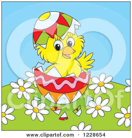 Clipart of a Hatching Yellow Chick in an Easter Egg over Fowers - Royalty Free Vector Illustration by Alex Bannykh