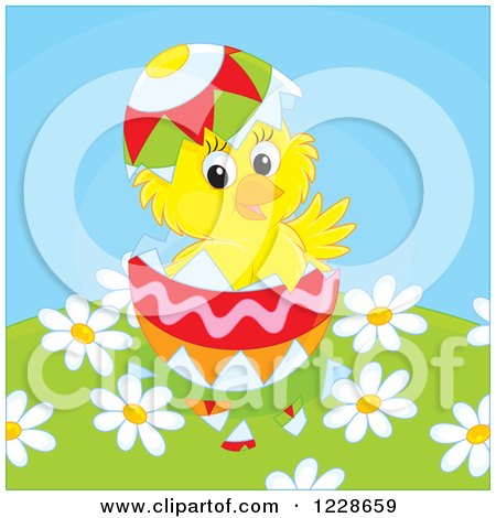 Clipart of a Hatching Chick in an Easter Egg over Fowers - Royalty Free Vector Illustration by Alex Bannykh