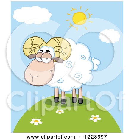 Clipart of a White Ram Sheep on a Sunny Hill - Royalty Free Vector Illustration by Hit Toon