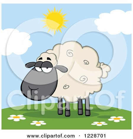 Clipart of an Annoyed Black and Tan Sheep on a Sunny Hill - Royalty Free Vector Illustration by Hit Toon