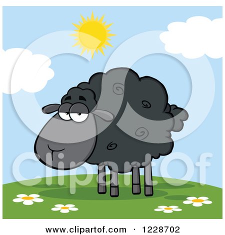 Clipart of an Annoyed Black Sheep on a Sunny Hill - Royalty Free Vector Illustration by Hit Toon