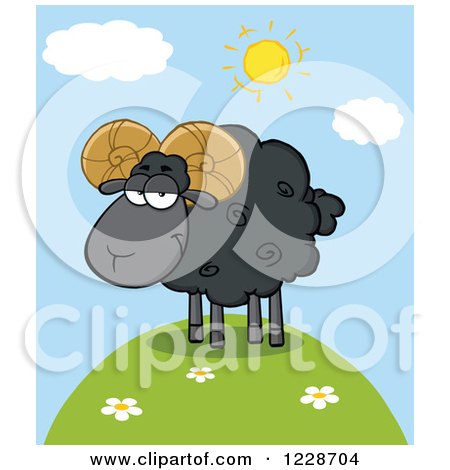Clipart of a Black Ram Sheep on a Hill - Royalty Free Vector Illustration by Hit Toon