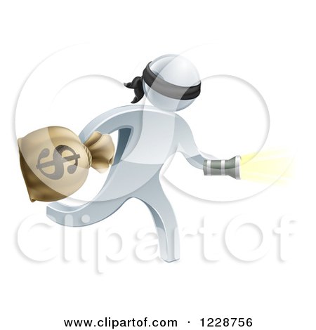 Clipart of a 3d Silver Masked Robber Running with a Money Bag and Flashlight - Royalty Free Vector Illustration by AtStockIllustration