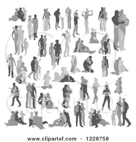 Clipart of Silhouetted Grayscale Families - Royalty Free Vector Illustration by AtStockIllustration