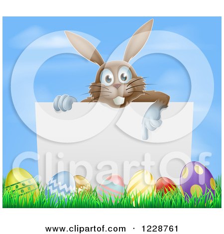 Clipart of a Brown Easter Bunny Pointing down at a Sign over Eggs Against Sky - Royalty Free Vector Illustration by AtStockIllustration
