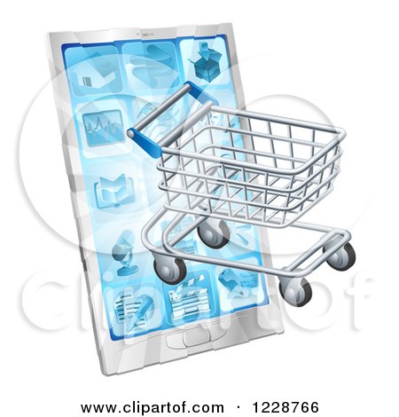 Clipart of a 3d Shopping Cart Emerging from a Smart Phone - Royalty Free Vector Illustration by AtStockIllustration