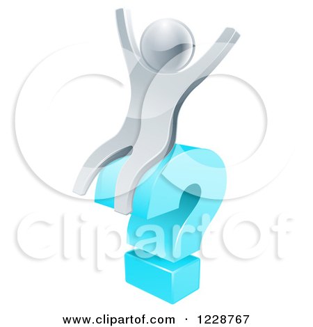 Clipart of a 3d Silver Man Cheering on a Blue Question Mark - Royalty Free Vector Illustration by AtStockIllustration