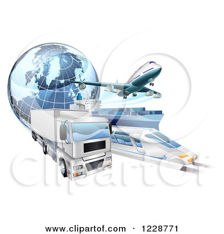 Clipart of a 3d Earth Globe and Cargo Logistics Modes, Train Plane Big Rig and Ship - Royalty Free Vector Illustration by AtStockIllustration