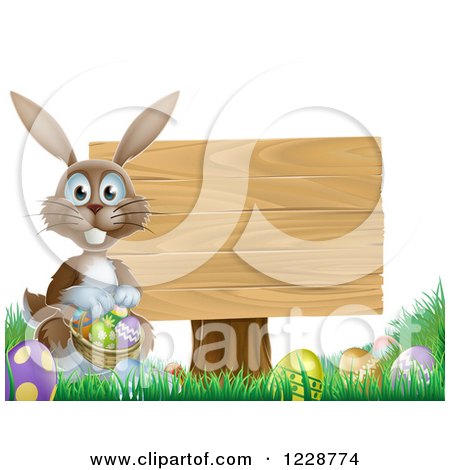 Clipart of a Brown Easter Bunny by a Wood Sign, with Eggs and a Basket - Royalty Free Vector Illustration by AtStockIllustration