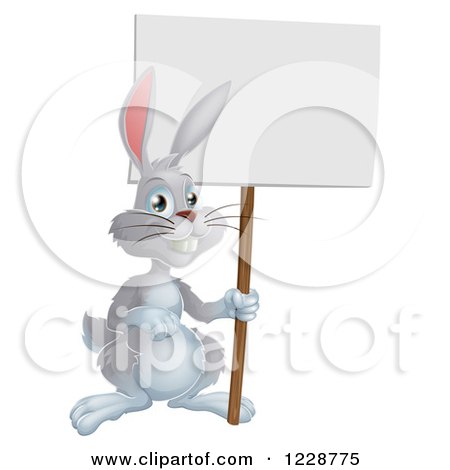 Clipart of a Gray Bunny Rabbit Holding a Sign - Royalty Free Vector Illustration by AtStockIllustration