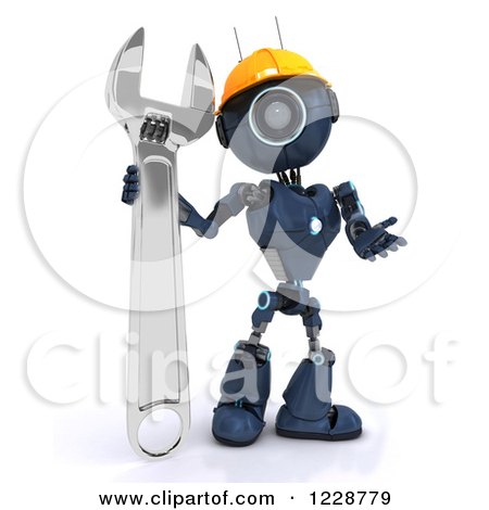 Clipart of a 3d Blue Android Construction Robot with a Spanner Wrench - Royalty Free Illustration by KJ Pargeter